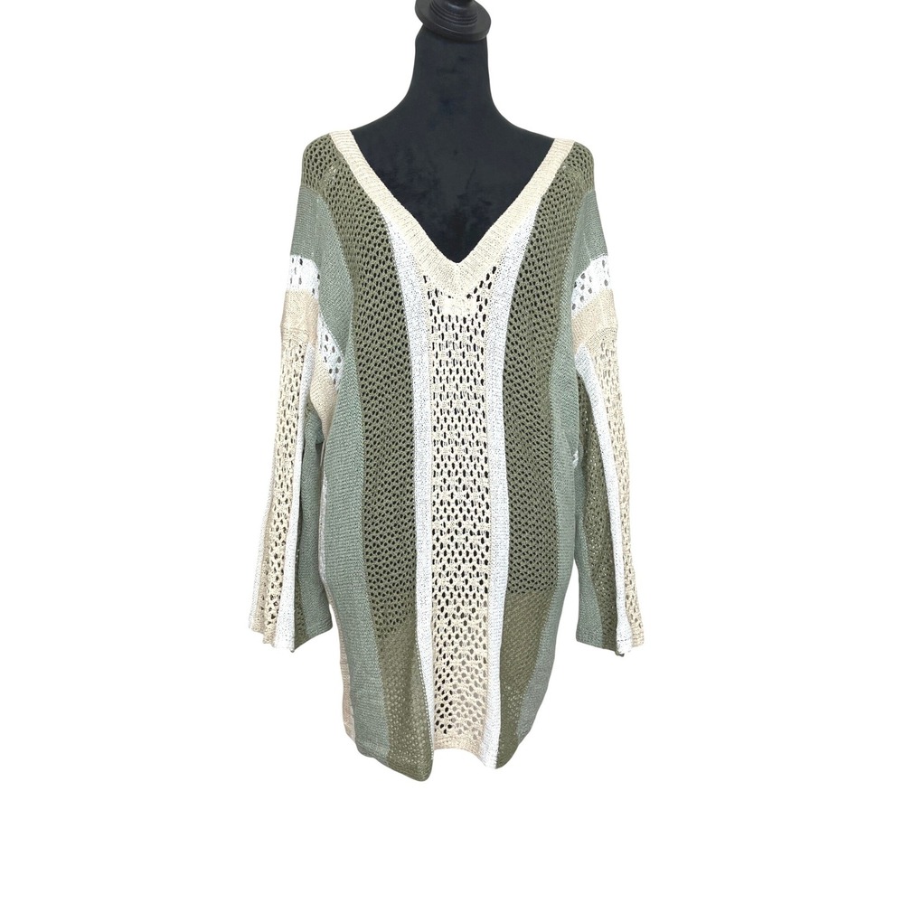 POL V-neck Knit Striped Oversized Sweater Green Cream Women's Small Boho Crochet